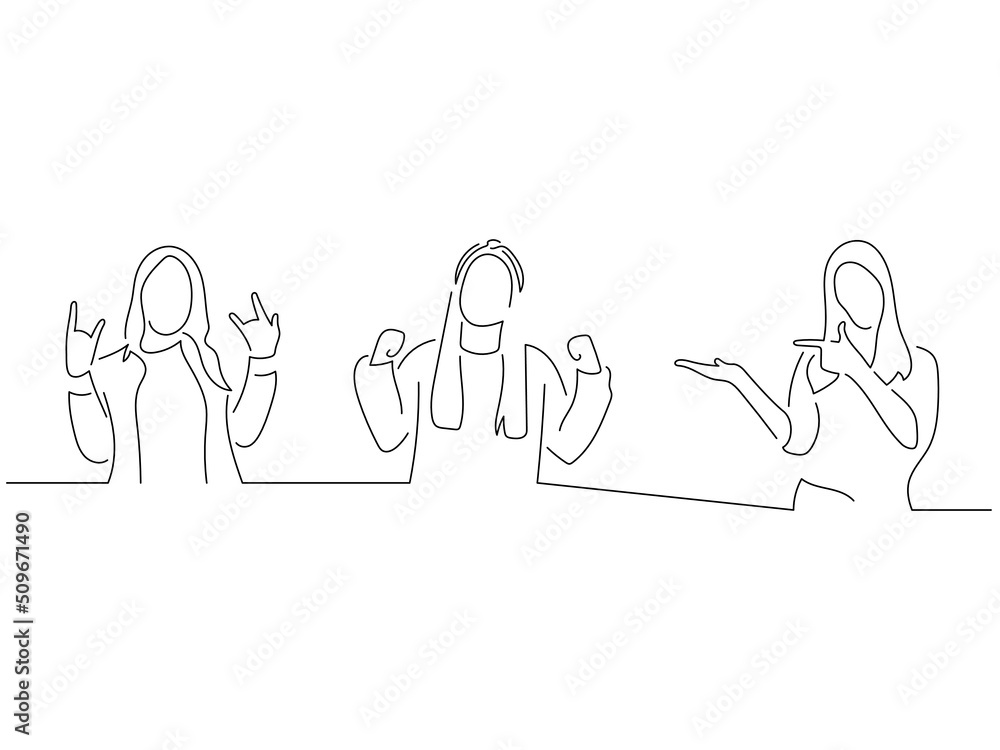 Young people in line art drawing style. Composition of three persons making expressions. Black linear sketch isolated on white background. Vector illustration design. Young people in line art drawing style. Composition of three persons making expressions. Black linear sketch isolated on white background. Vector illustration design.