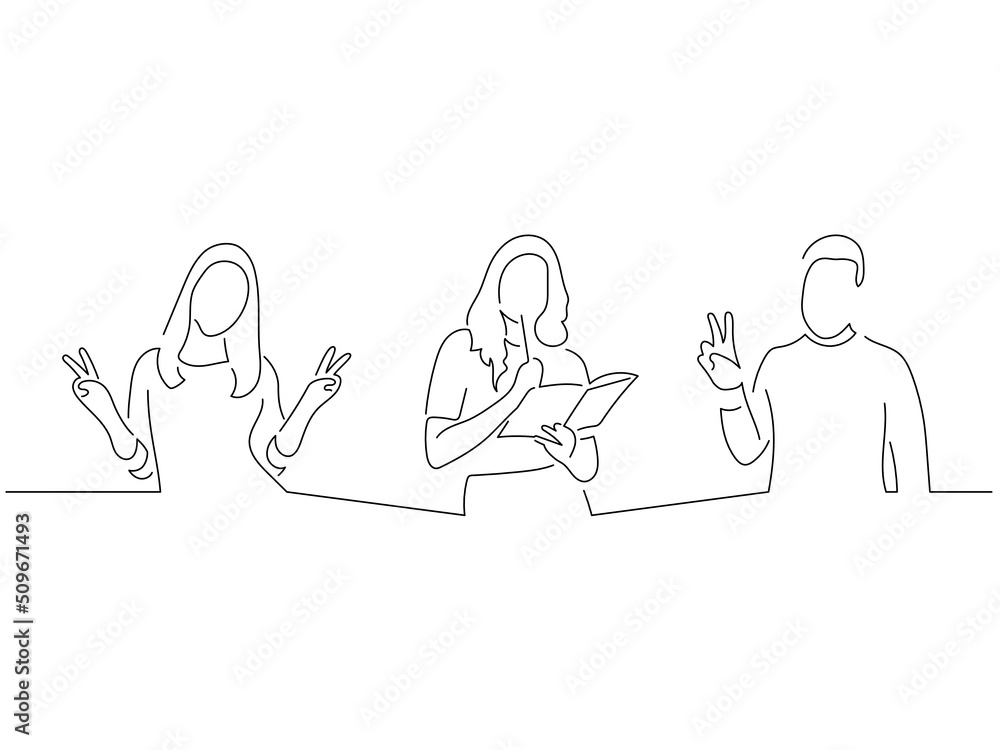 Young people in line art drawing style. Composition of three persons making expressions. Black linear sketch isolated on white background. Vector illustration design. Young people in line art drawing style. Composition of three persons making expressions. Black linear sketch isolated on white background. Vector illustration design.