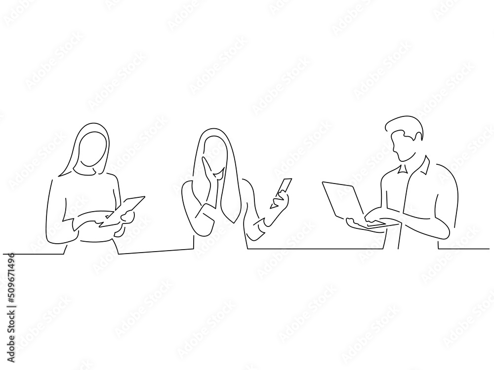 Young people in line art drawing style. Composition of three persons making expressions. Black linear sketch isolated on white background. Vector illustration design.