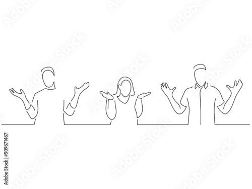 Young people in line art drawing style. Composition of three persons making expressions. Black linear sketch isolated on white background. Vector illustration design.