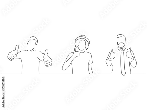 Young people in line art drawing style. Composition of three persons making expressions. Black linear sketch isolated on white background. Vector illustration design.