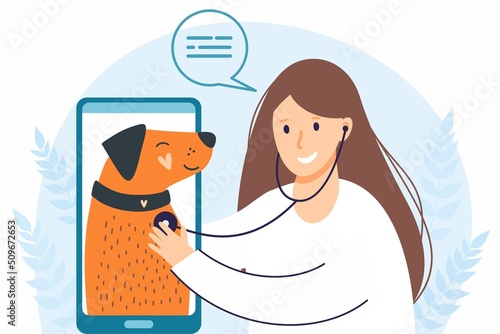 Happy vet doctor consults dog online via phone