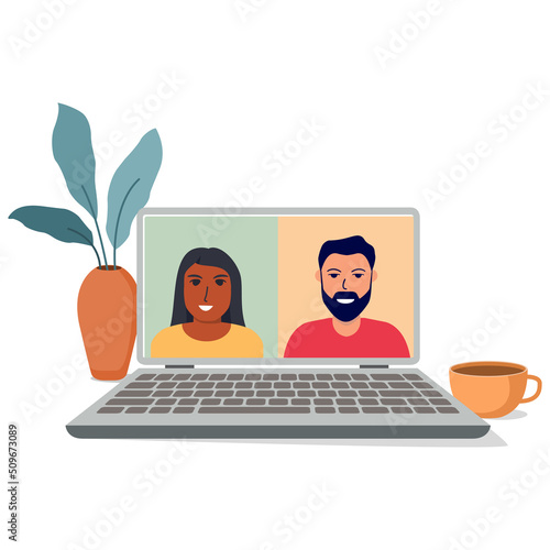 African american womanand man people connecting together.Internet learning team. Video conference working on laptop computer.Video call computer screen.Learn study from home.Vector flat illustration. photo