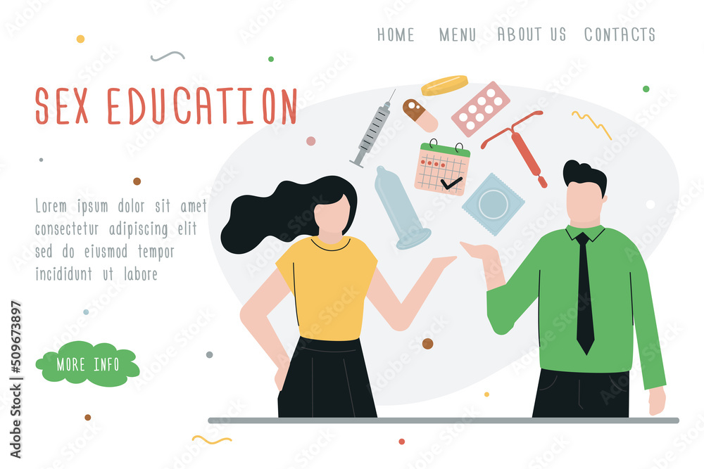 Sex education. People with contraceptives. Anti-pregnancy products. Contraception concept. Template, landing page for website. Safe relation and intercourse Sex education. People with contraceptives. Anti-pregnancy products. Contraception concept. Template, landing page for website. Safe relation and intercourse