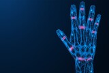 Inflammation and pain in the joints of the hand. Polygonal design of interconnected lines and points. Blue background.