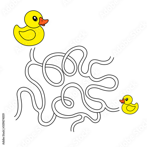 Maze with ducklings. Vector cartoon duck and duckling in children's style. Vector illustrations for children books. Labyrinth.