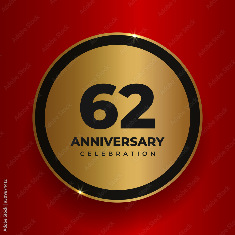 62 years anniversary celebration background. Celebrating 62nd anniversary event party poster template. Vector golden circle with numbers and text on red square background. Vector illustration 62 years anniversary celebration background. Celebrating 62nd anniversary event party poster template. Vector golden circle with numbers and text on red square background. Vector illustration