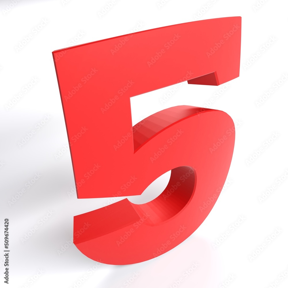 Fototapeta premium Number 5 in red color isolated on white background - 3D rendering illustration