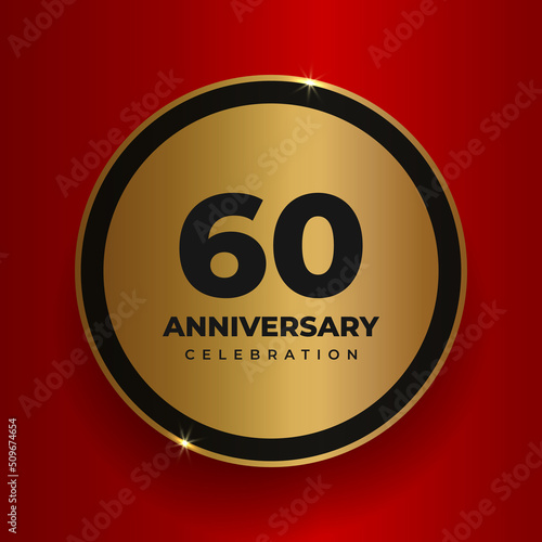 60 years anniversary celebration background. Celebrating 60th anniversary event party poster template. Vector golden circle with numbers and text on red square background. Vector illustration
