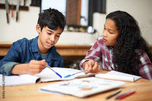 Growing through a good education. Shot of two young students studying together in a classroom.