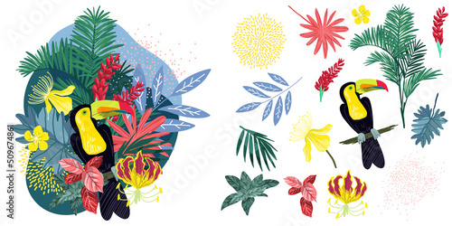 Tropical composition with toucan and tropic leaves