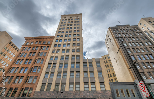 The tops of historic highrise buildings in Duluth