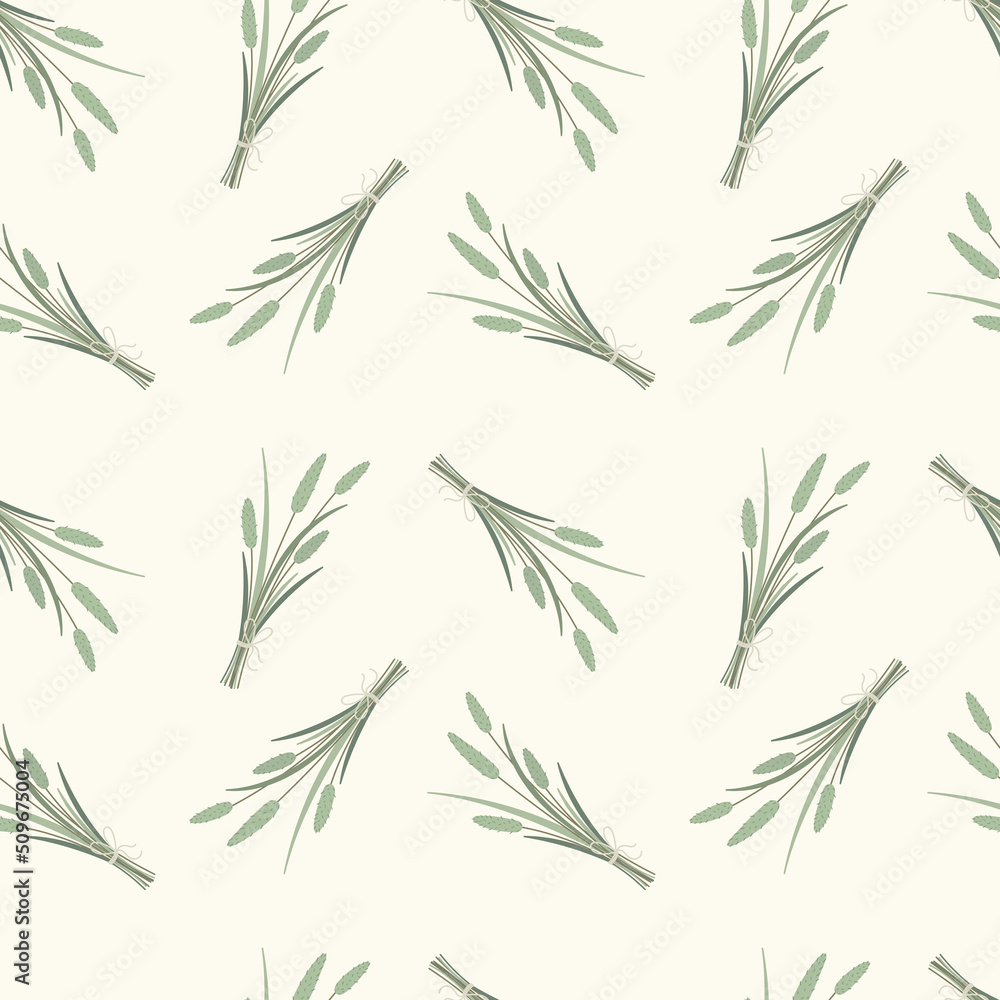 Naklejka premium Meadow herbs seamless background. Bouquets of field herbs on a light background in a simple cartoon style.