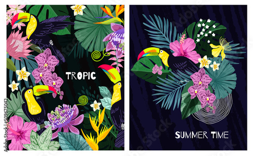 set of two posters with tropical leaves and toucan
