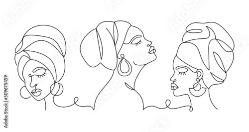 Face of an Afro American woman in a modern abstract minimalist one line style with minimal shapes. Continuous black line of an African girl simple drawing. Isolated on white. Vector illustration.