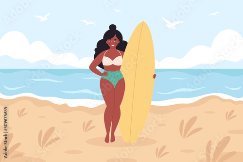 Black woman with surfboard on the beach. Summer activity, summertime, surfing. Hello summer. Summer Vacation. Hand drawn vector illustration © Amahce
