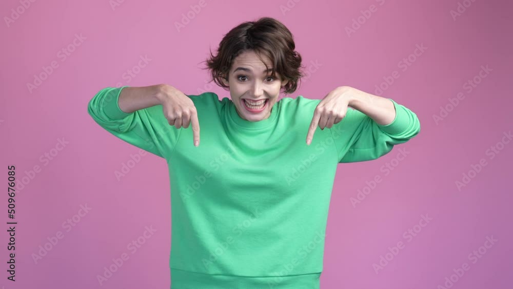 Excited lady advertise empty space offer isolated pastel color background Excited lady advertise empty space offer isolated pastel color background