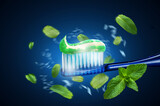 Toothbrush with toothpaste. Mint toothpaste. Mint leaves around toothbrush and paste. Toothpaste advertisement.
