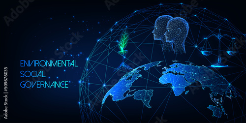 Concept of ESG Environmental social governance in futuristic glowing low poly style on dark blue