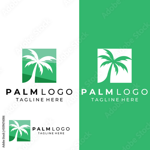 Palm tree logo, palm with waves and sun. Using Illustrator template design editing.