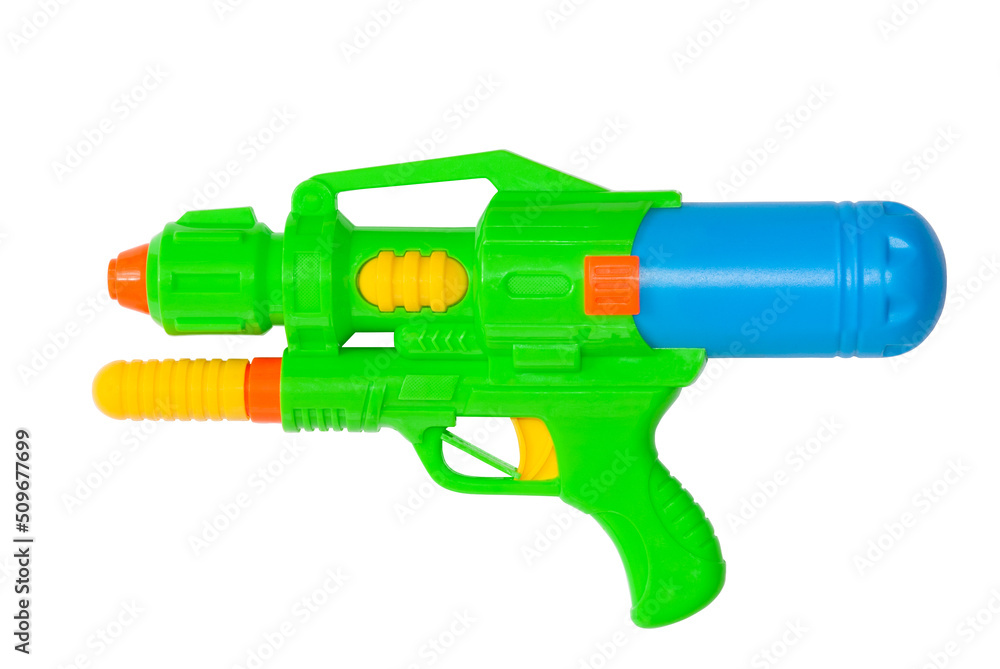 Plastic water gun on an isolated white background. Summer outdoor games by the pool or beach Plastic water gun on an isolated white background. Summer outdoor games by the pool or beach