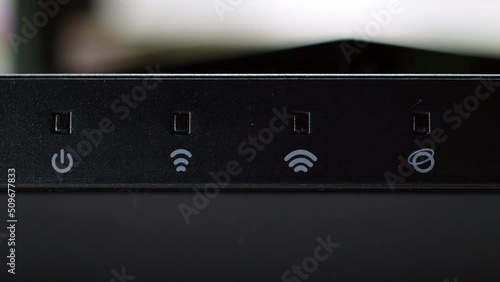 Working Wi-Fi Router With Powering Lights For Power, Internet, WAN, LAN And Wi-Fi And Internet Connection Status. Light Indicators On  Wireless Wifi Router. 4k. ProRes.
