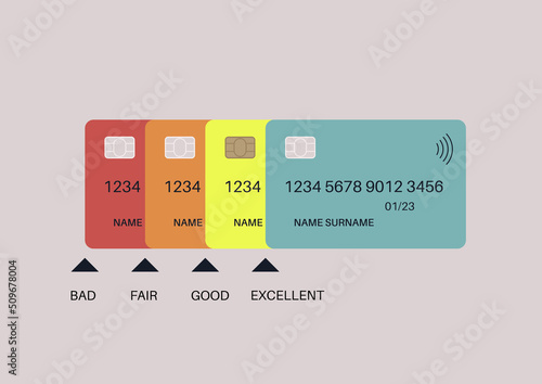 A credit score infographics, a set of bank cards indicated with different colors