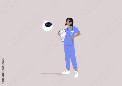 A medical council, a young adult doctor consulting with a robot, artificial intelligence and machine learning