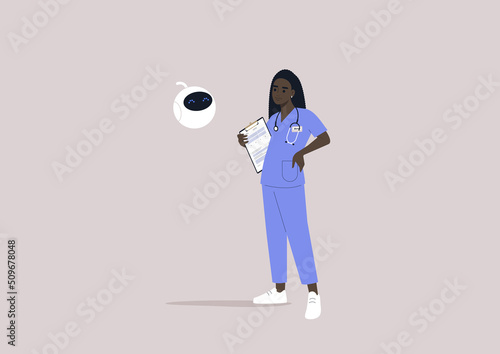 A medical council, a young adult doctor consulting with a robot, artificial intelligence and machine learning