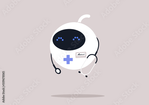A cute round robot wearing a stethoscope, new technologies and lifestyle