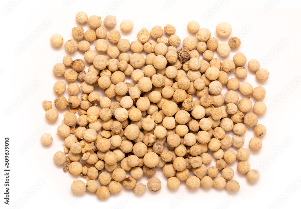 White pepper, spice close-up flat lay on a white background. Indian and Arabic spices for cooking. Medicinal herbs and spices. White pepper, spice close-up flat lay on a white background. Indian and Arabic spices for cooking. Medicinal herbs and spices.