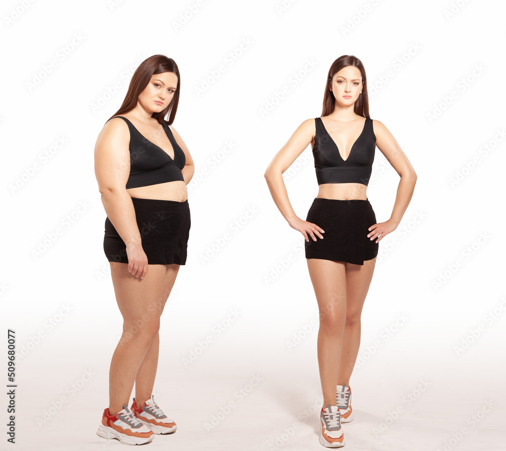 Foto de Comparison of a fat and thin girl. Slimming. Before and after. Weight  loss. Liposuction. Fitness. Proper nutrition. Diet. Rejuvenating  treatments. do Stock