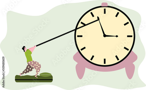 An illustration of a man in pajamas trying to stop the wake up time. Unwillingness to wake up. Nightmare and bad sleep
