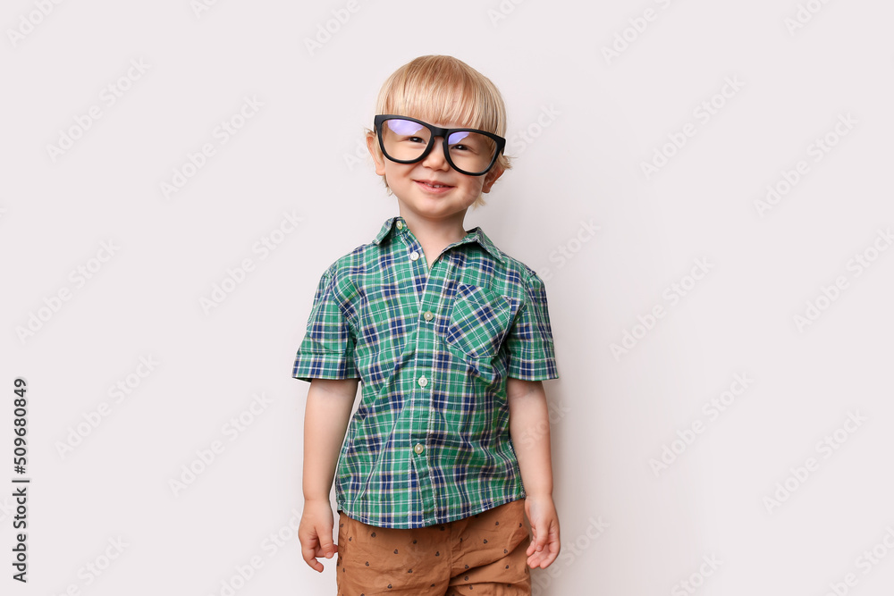 a little cute blond boy in big glasses and a green checkered shirt stands against a white wall, preschool education, kindergarten, school for talented children, nerd, elementary school, place for text