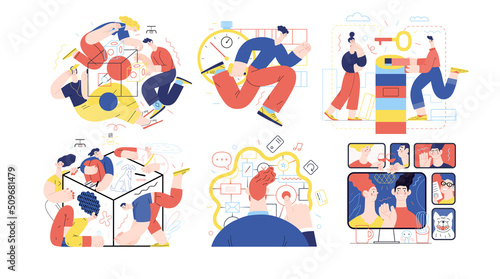 Technology Memphis illustrations - Brand, Time Management, Solution, Strategic Partership, CX customer experience, Video Conferencing Technology. Creative landing web page illustrations set