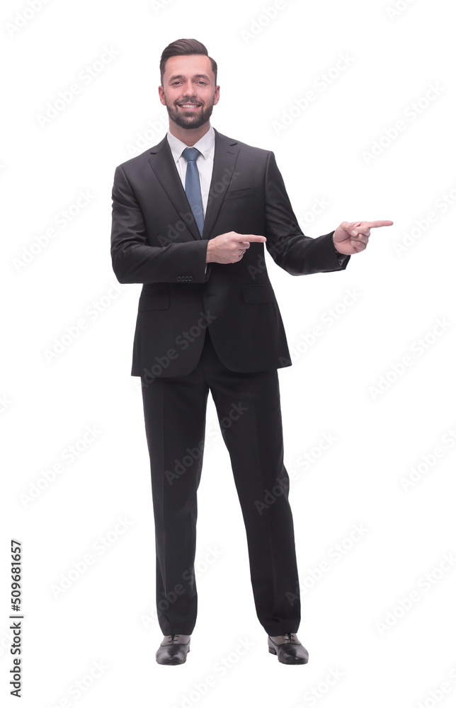 smiling handsome businessman pointing to copy space. isolated on white smiling handsome businessman pointing to copy space. isolated on white