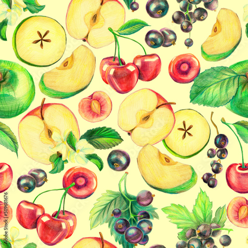 Seamless pattern of ripe apples  black currants and cherries  drawn with colored pencil. Graphic texture for packaging  postcard  wrapping paper  gift  fabric  banner and wallpaper.