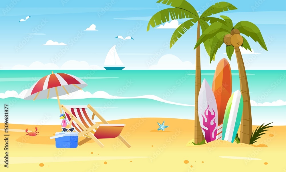 Summer paradise scene with surf boards, sea and sand landscape, umbrella, beach chair, cooler with drinks, crab, starfish. Vector illustration art in flat style