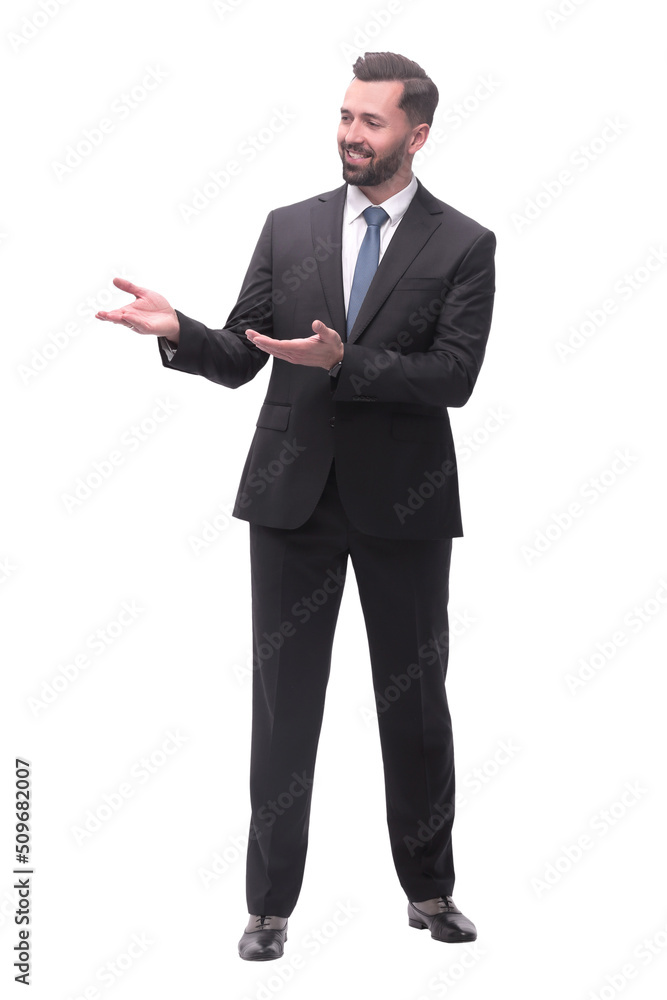 smiling handsome businessman pointing somewhere to the side. isolated on white smiling handsome businessman pointing somewhere to the side. isolated on white