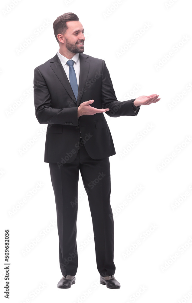 smiling handsome businessman pointing somewhere to the side. isolated on white smiling handsome businessman pointing somewhere to the side. isolated on white