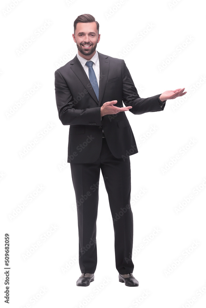 smiling handsome businessman pointing somewhere to the side. isolated on white smiling handsome businessman pointing somewhere to the side. isolated on white