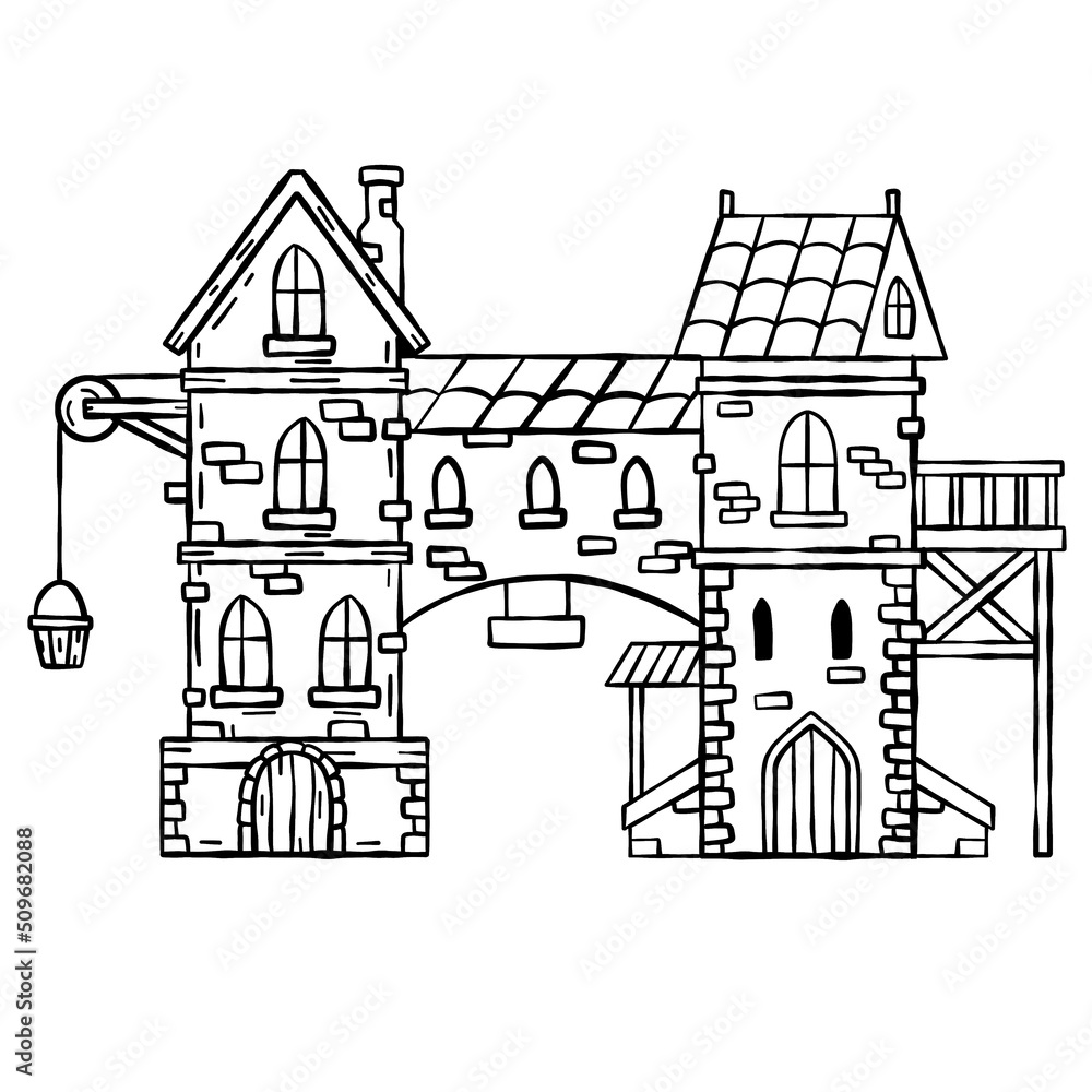 Old medieval town with gate and bridge. European cartoon city. Fairy tale fortress. Wooden German houses and street.