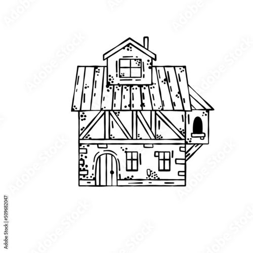 European Medieval house. Village building. Old house with chimney. Cartoon retro illustration.