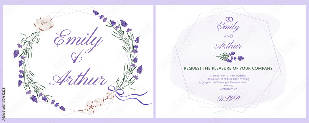 rustic, lavender and cotton wedding invitation card