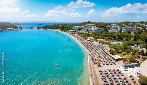 The beautiful beach of Vouliagmeni at the south Riviera of Athens  Greece  with emerald  clear sea and fine sand