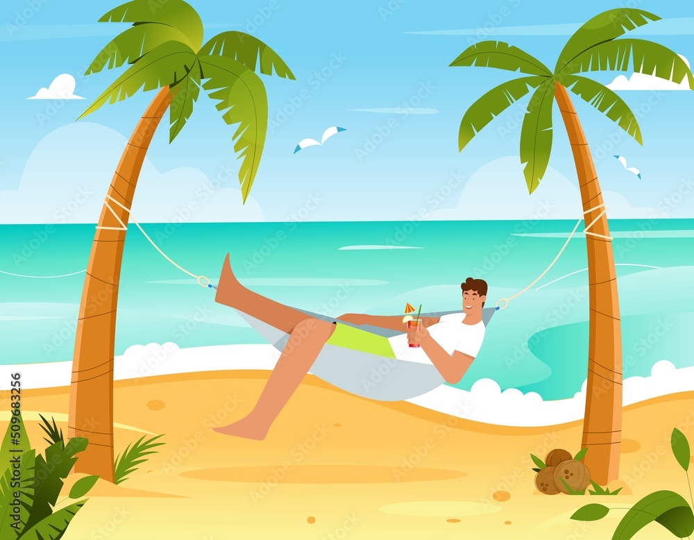 Man laying in a hammock between two palm trees on a beach drinking ...