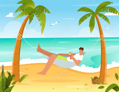 Man laying in a hammock between two palm trees on a beach drinking cocktail. Flat vector illustration. Tropical background with sea and sand photo