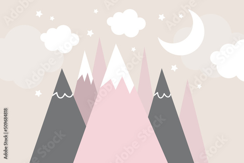 Vector hand drawn cute scandinavian style wallpaper. Mountains, clouds, stars and moon. Trendy children's wallpaper. Children's room decor. On a beige background.
