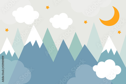 Vector hand drawn modern mountain landscape with stars  clouds and moon. Cute children s 3d wallpaper in scandinavian style. Children s room design.