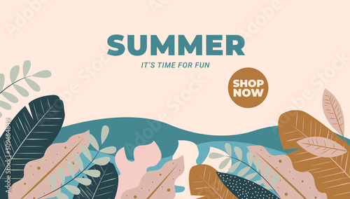 Summer banner. Sale. Shop now. Vector hand drawn banner with tropical leaves and ocean. Bright summer design. For websites, social networks. Trendy banner, wallpaper.